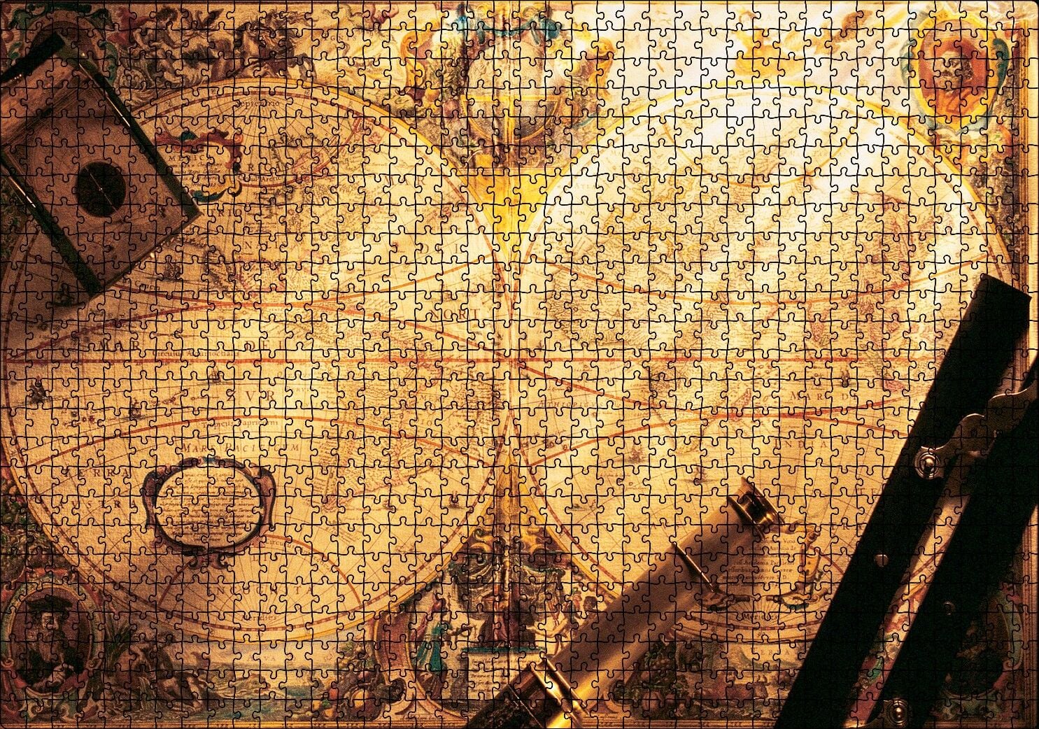 Eski Dünya Haritası Dürbün Pusula ve Usturlab Puzzle Yapboz MDF Ahşap 1000 Parça 49 cm X 68 cm
