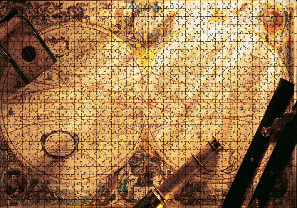 Eski Dünya Haritası Dürbün Pusula ve Usturlab Puzzle Yapboz MDF Ahşap 1000 Parça 49 cm X 68 cm