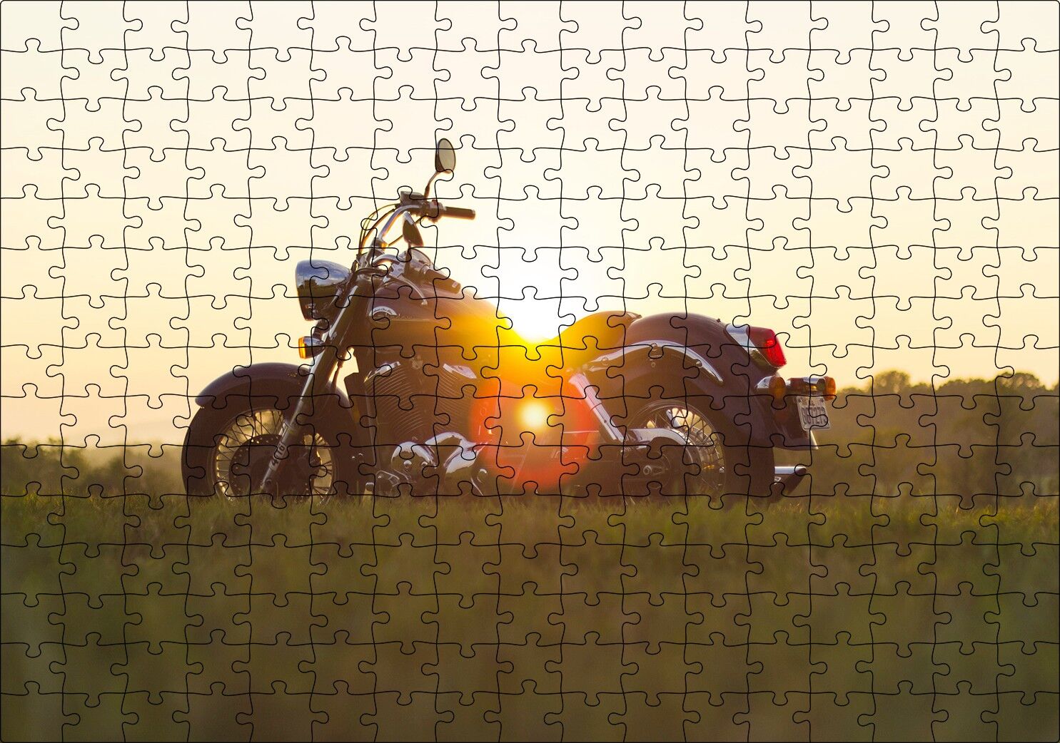 Black Cruiser Motorsiklet ve Gün Batımı Puzzle Yapboz MDF Ahşap 255 Parça 34 cm X 49 cm