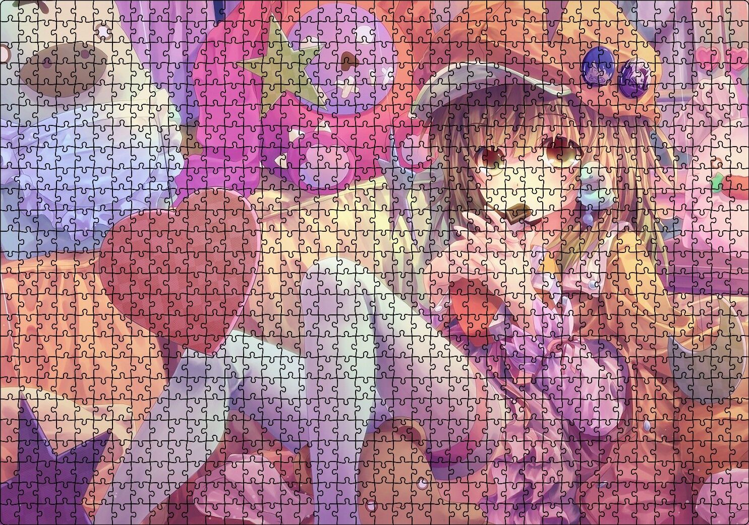 Anime Karakteri Şapkalı Kız ve Oyuncakları Puzzle Yapboz MDF Ahşap 1000 Parça 49 cm X 68 cm