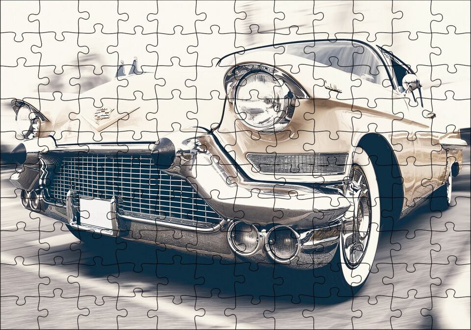 Krem Rengi Chevrolet Klasik Araba Puzzle Yapboz MDF Ahşap