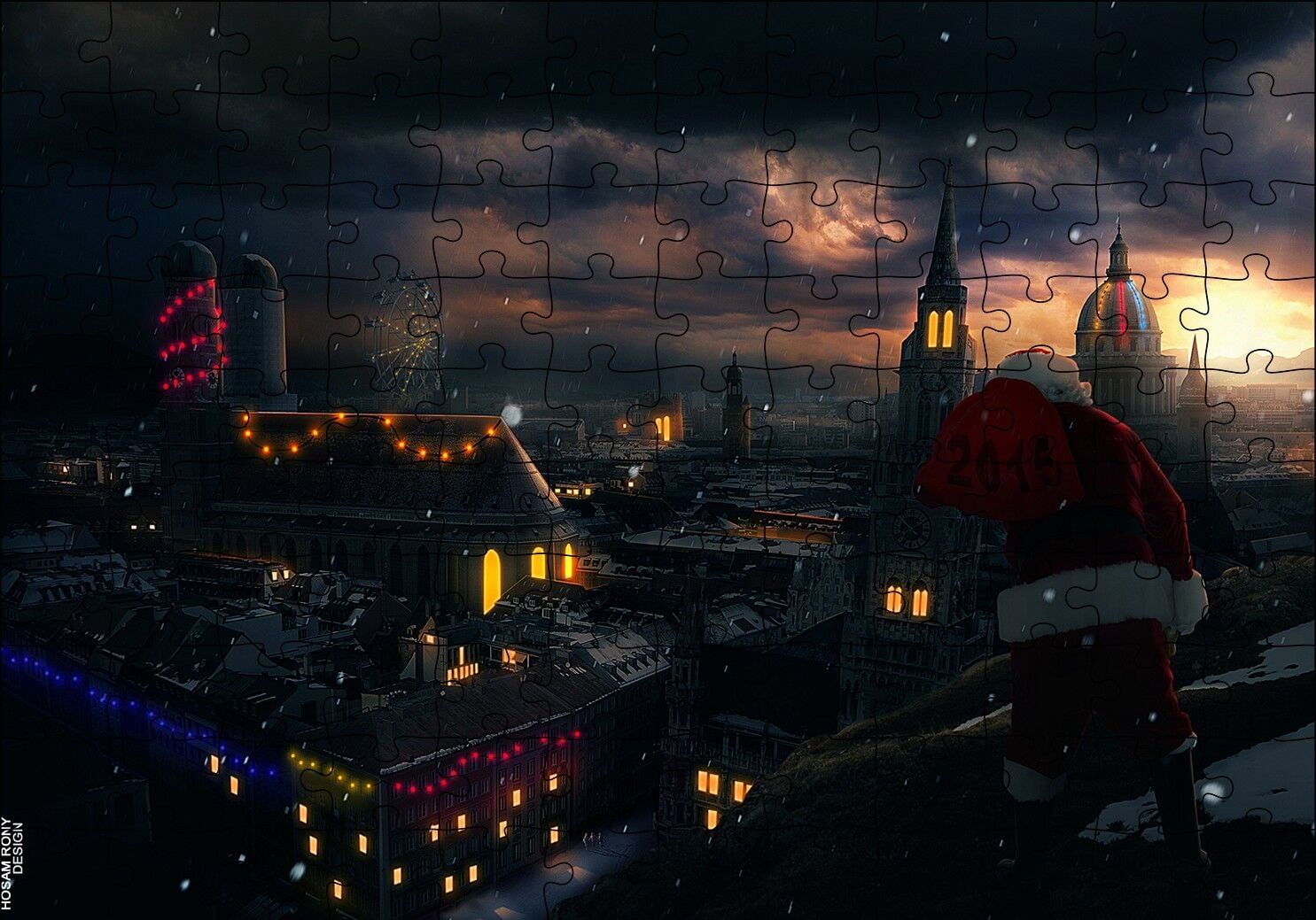 Noel Baba ve Şehrin Gece Manzarası Puzzle Yapboz MDF Ahşap 120 Parça 24 cm X 34 cm