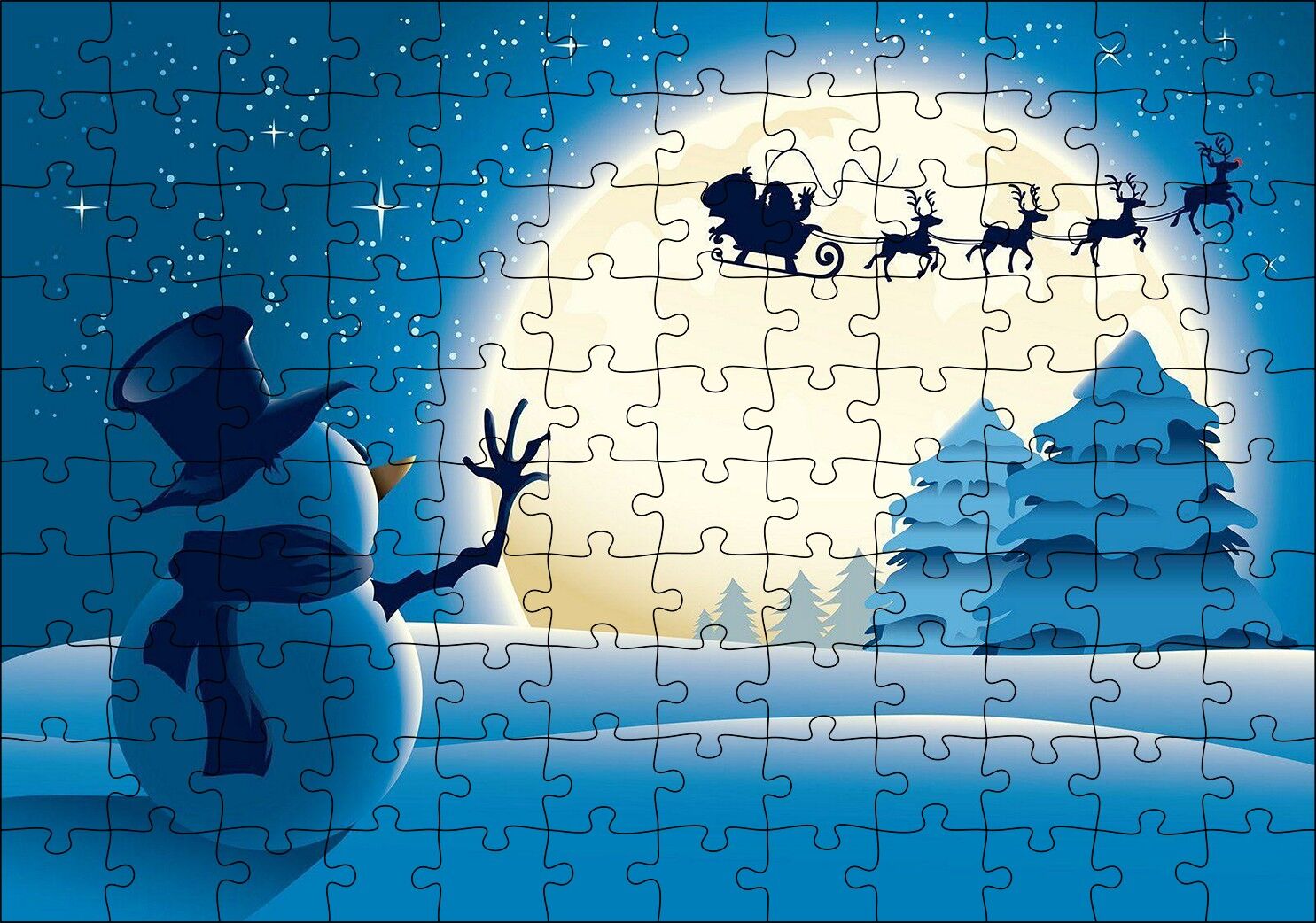 Kış Noeli Kardan Adam Ağaçlar Ayışığı Puzzle Yapboz MDF Ahşap 120 Parça 24 cm X 34 cm