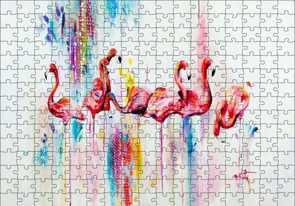 Flamingolar Sulu Boya Çizim Puzzle Yapboz MDF Ahşap 255 Parça 34 cm X 49 cm