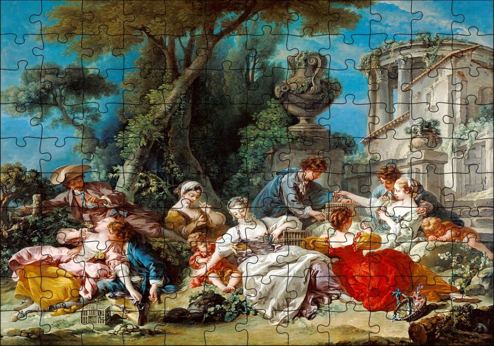 Kuş Kafesleri ve Kadınlar Yağlı Boya Çizim Puzzle Yapboz MDF Ahşap