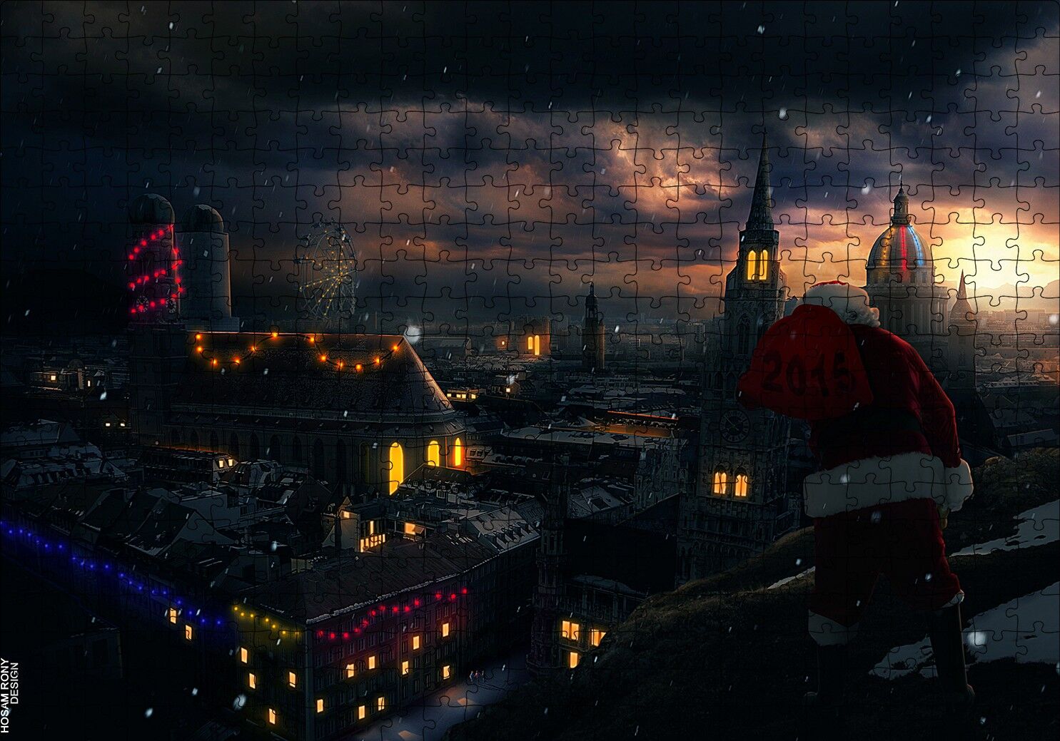 Noel Baba ve Şehrin Gece Manzarası Puzzle Yapboz MDF Ahşap 500 Parça 49 cm X 68 cm