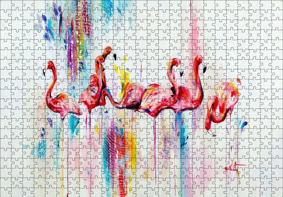 Flamingolar Sulu Boya Çizim Puzzle Yapboz MDF Ahşap 500 Parça 49 cm X 68 cm
