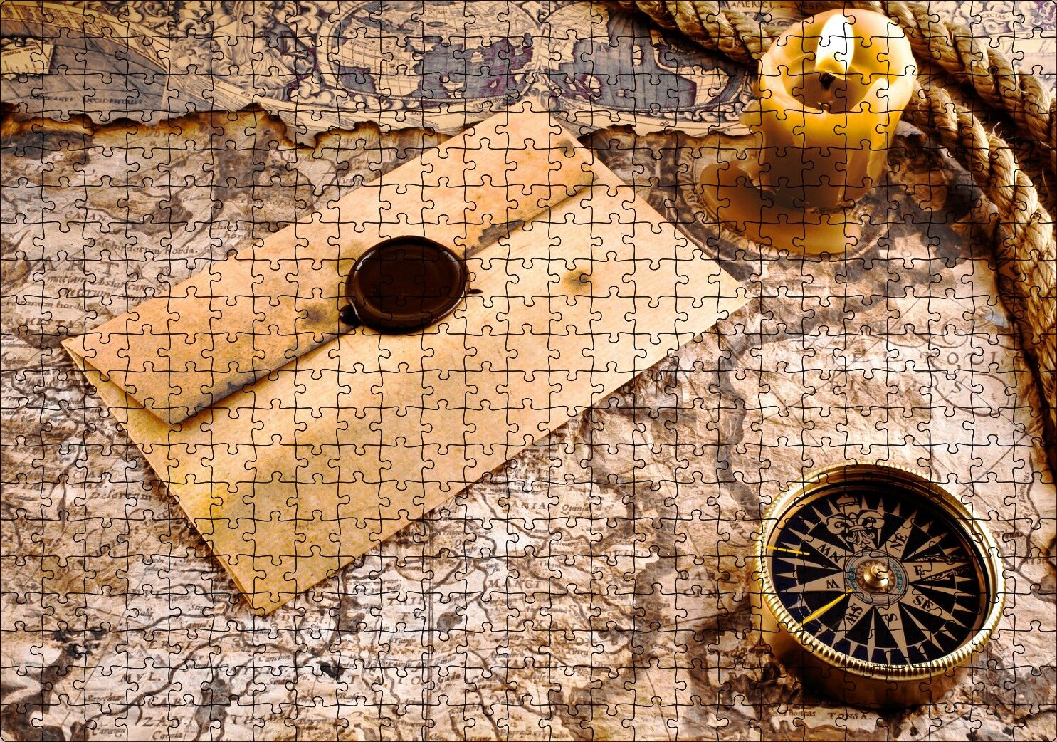 Eski Harita Mühürlü Mektup Mum ve Pusula Puzzle Yapboz MDF Ahşap 500 Parça 49 cm X 68 cm