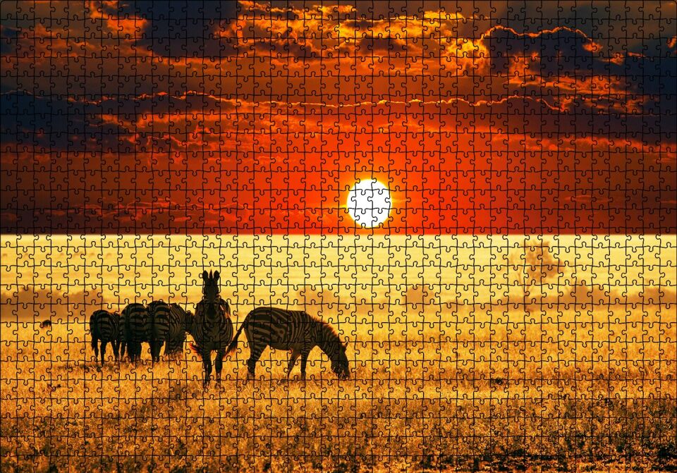 Savana'da Günbatımı ve Zebralar Puzzle Yapboz MDF Ahşap 1000 Parça 49 cm X 68 cm