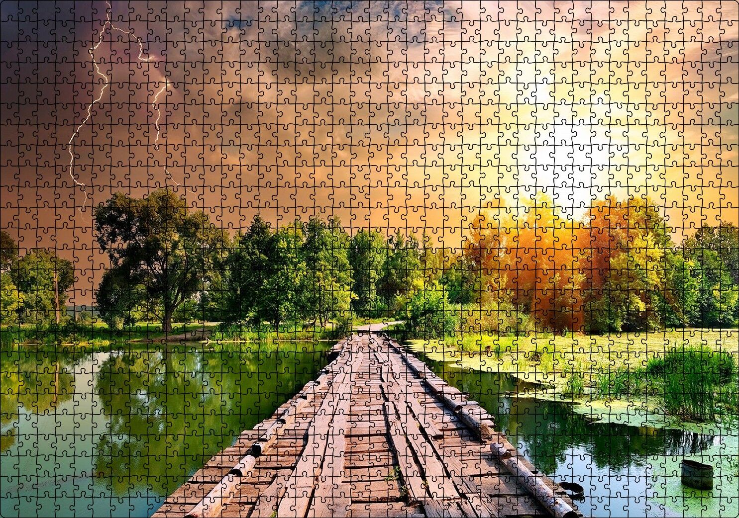 Tahta Köprü Göl Ağaçlar Bulutlu Güneş Görseli Puzzle Yapboz MDF Ahşap 1000 Parça 49 cm X 68 cm