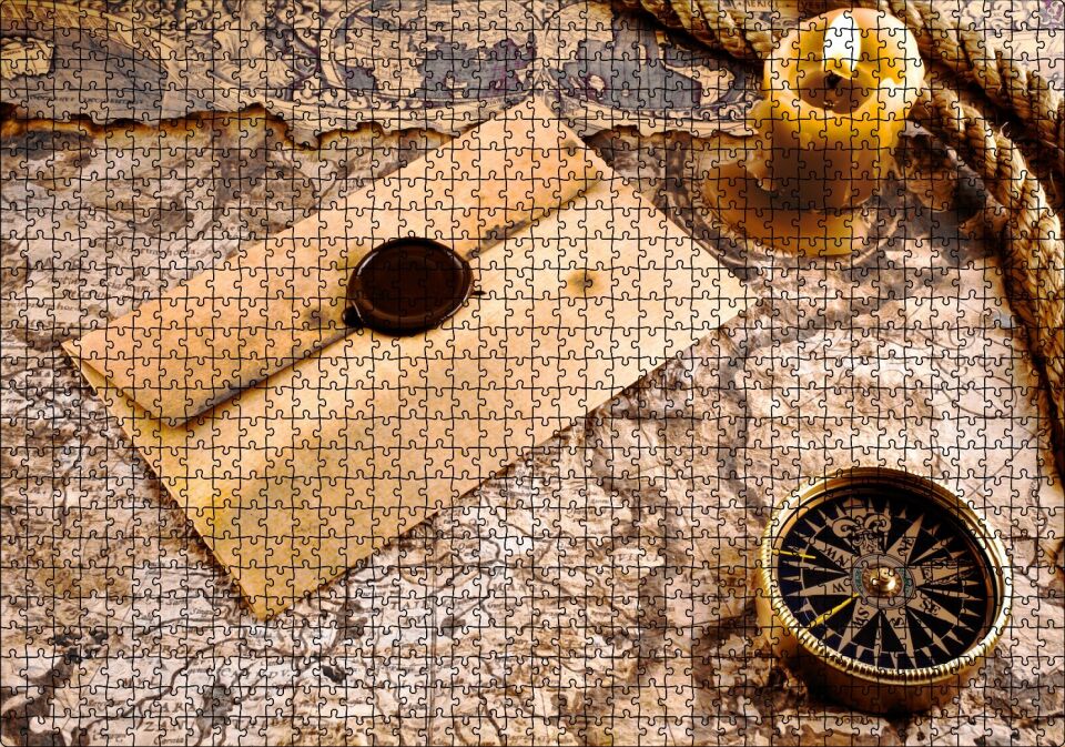 Eski Harita Mühürlü Mektup Mum ve Pusula Puzzle Yapboz MDF Ahşap 1000 Parça 49 cm X 68 cm