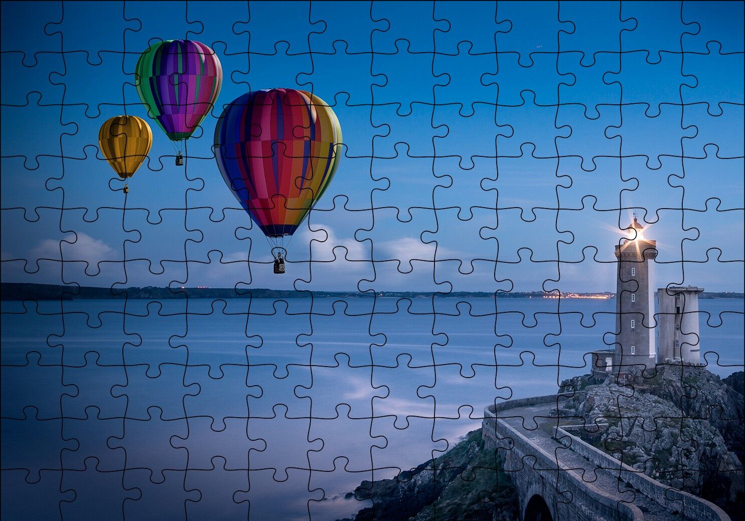 Okyanus Deniz Feneri ve Sıcak Hava Balonları Puzzle Yapboz MDF Ahşap 120 Parça 24 cm X 34 cm