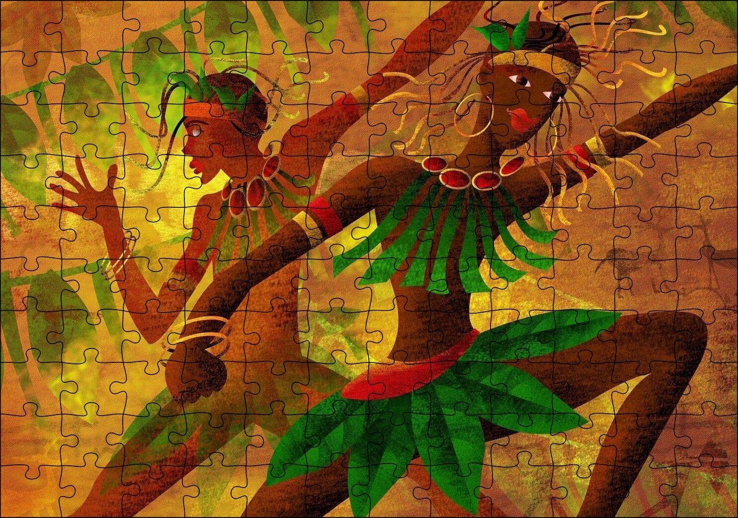 Yeşil Yaprak Elbiseli Dans Eden Afrikalı Kadınlar Puzzle Yapboz MDF Ahşap 120 Parça 24 cm X 34 cm