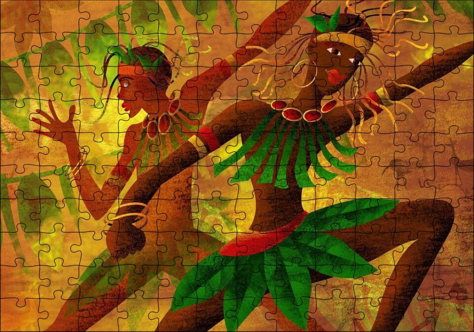 Yeşil Yaprak Elbiseli Dans Eden Afrikalı Kadınlar Puzzle Yapboz MDF Ahşap 120 Parça 24 cm X 34 cm