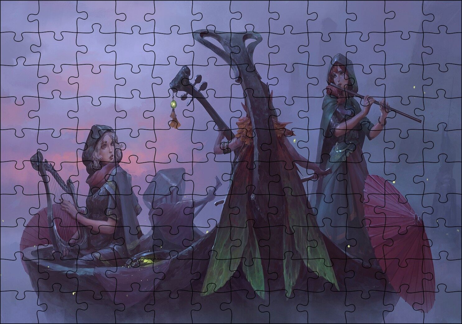 Gece Sisler Arasındaki Kayık ve Çalgıcı Kızlar Puzzle Yapboz MDF Ahşap