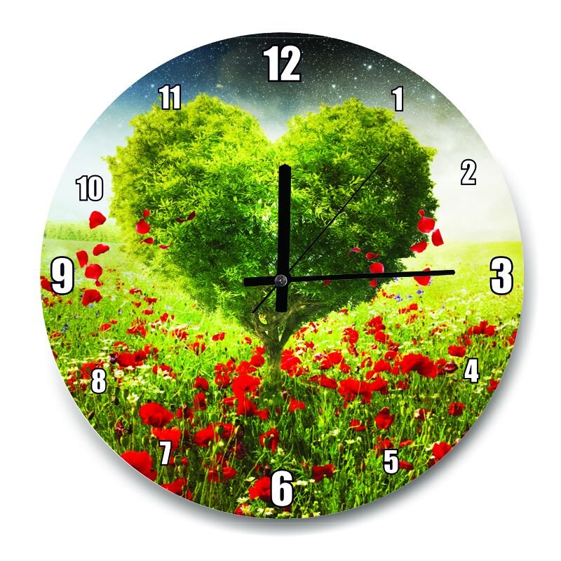 Gelincik Tarlası Kalp Şeklinde Ağaç  Mdf Ahşap Duvar Saati