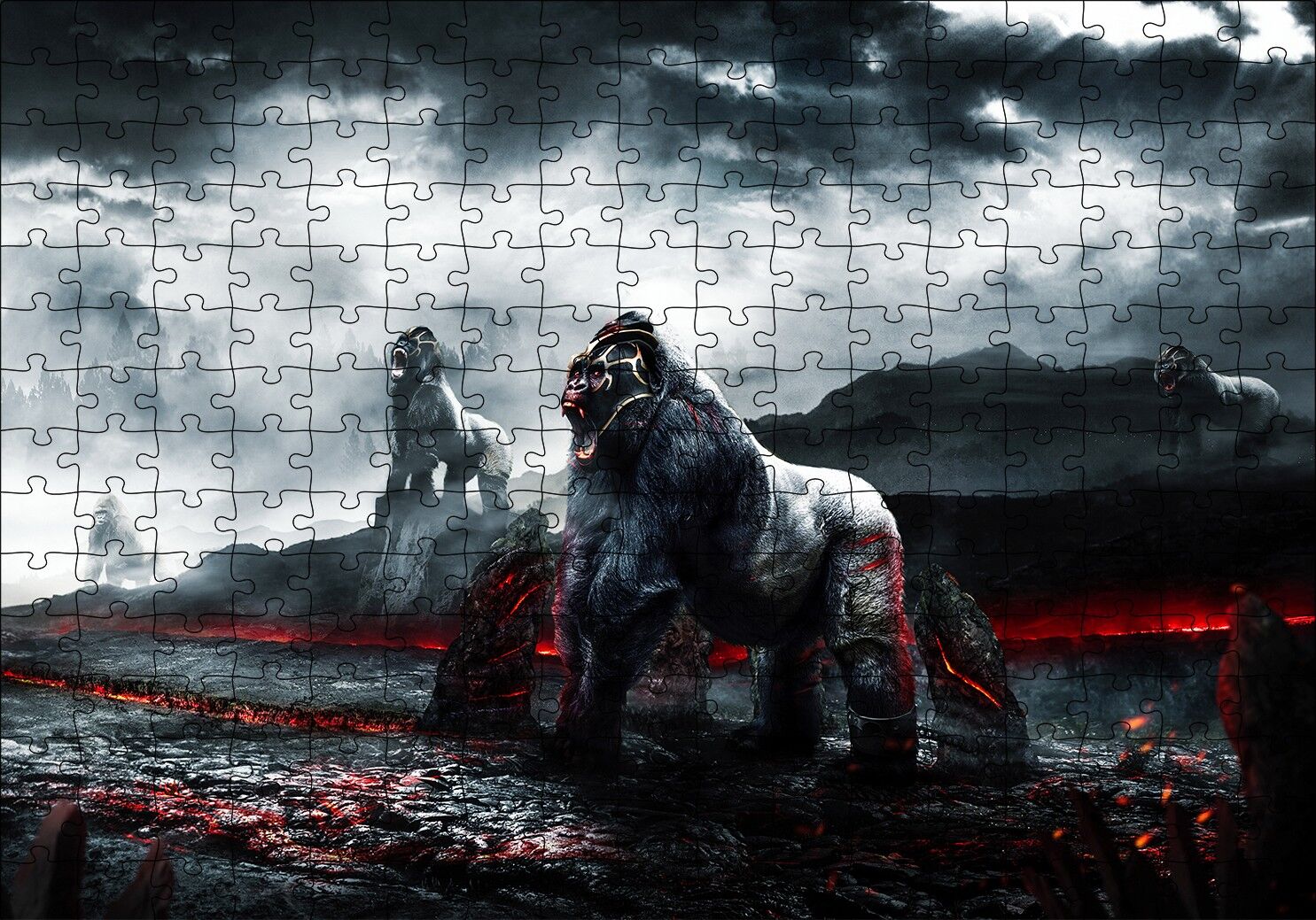 Savaşçı Goriller ve Lav Denizi Puzzle Yapboz MDF Ahşap 255 Parça 34 cm X 49 cm