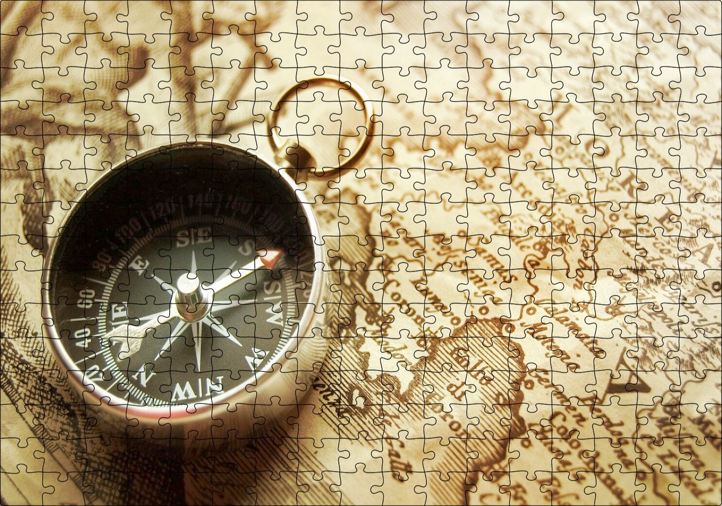 Eski Harita ve Üzerinde Pusula Puzzle Yapboz MDF Ahşap 255 Parça 34 cm X 49 cm