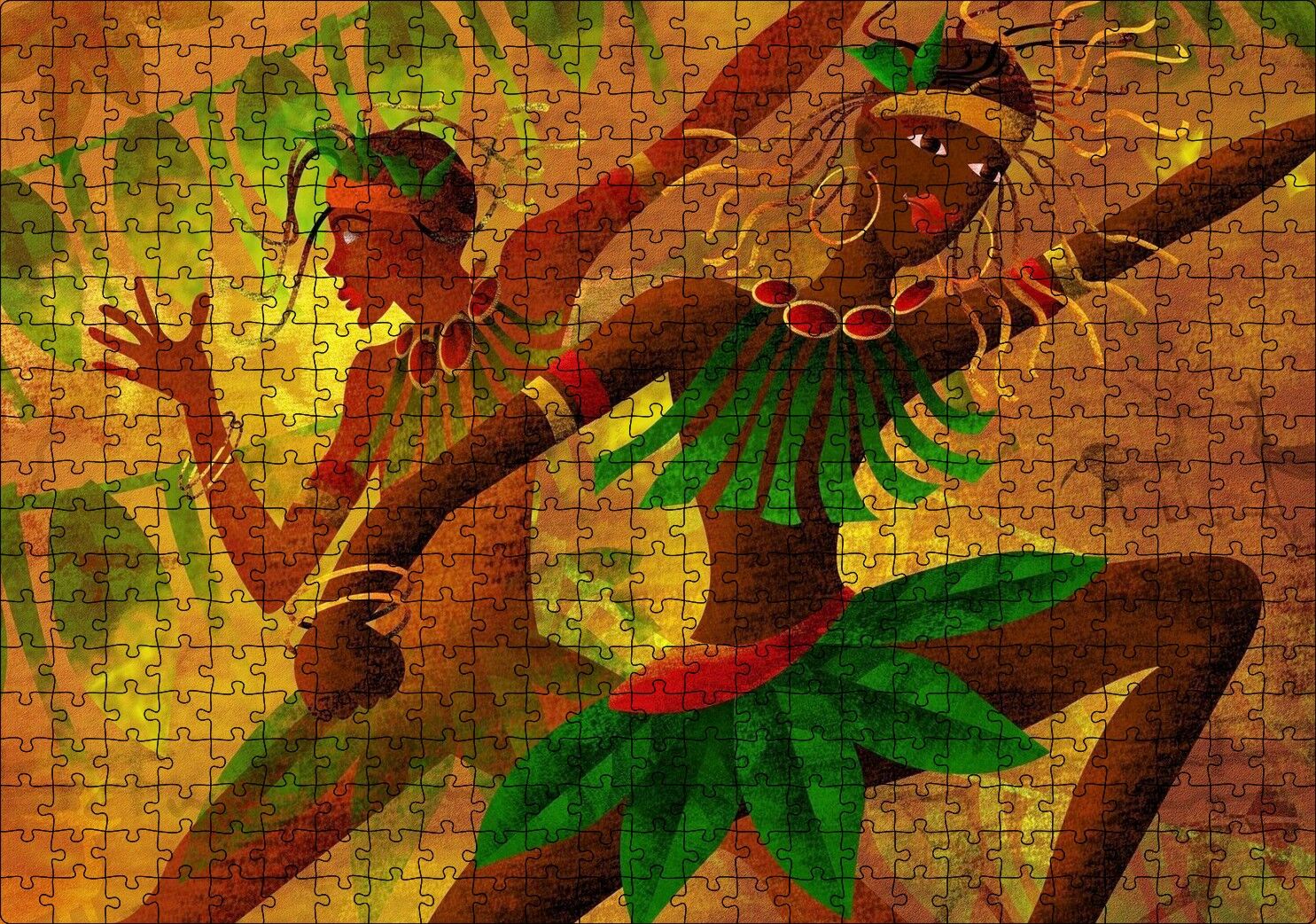 Yeşil Yaprak Elbiseli Dans Eden Afrikalı Kadınlar Puzzle Yapboz MDF Ahşap 500 Parça 49 cm X 68 cm