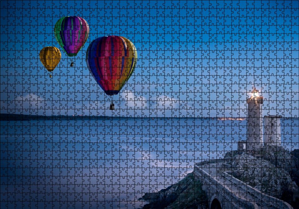Okyanus Deniz Feneri ve Sıcak Hava Balonları Puzzle Yapboz MDF Ahşap 1000 Parça 49 cm X 68 cm