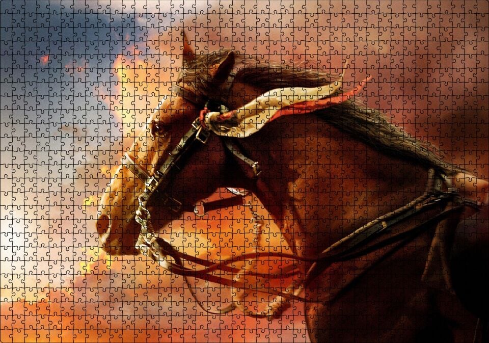 Kızıl Bulutlar Koşan Kahverengi At Görseli Puzzle Yapboz MDF Ahşap 1000 Parça 49 cm X 68 cm
