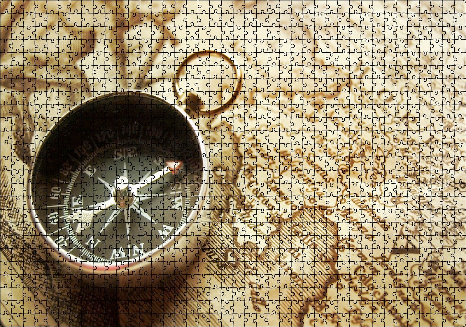 Eski Harita ve Üzerinde Pusula Puzzle Yapboz MDF Ahşap 1000 Parça 49 cm X 68 cm