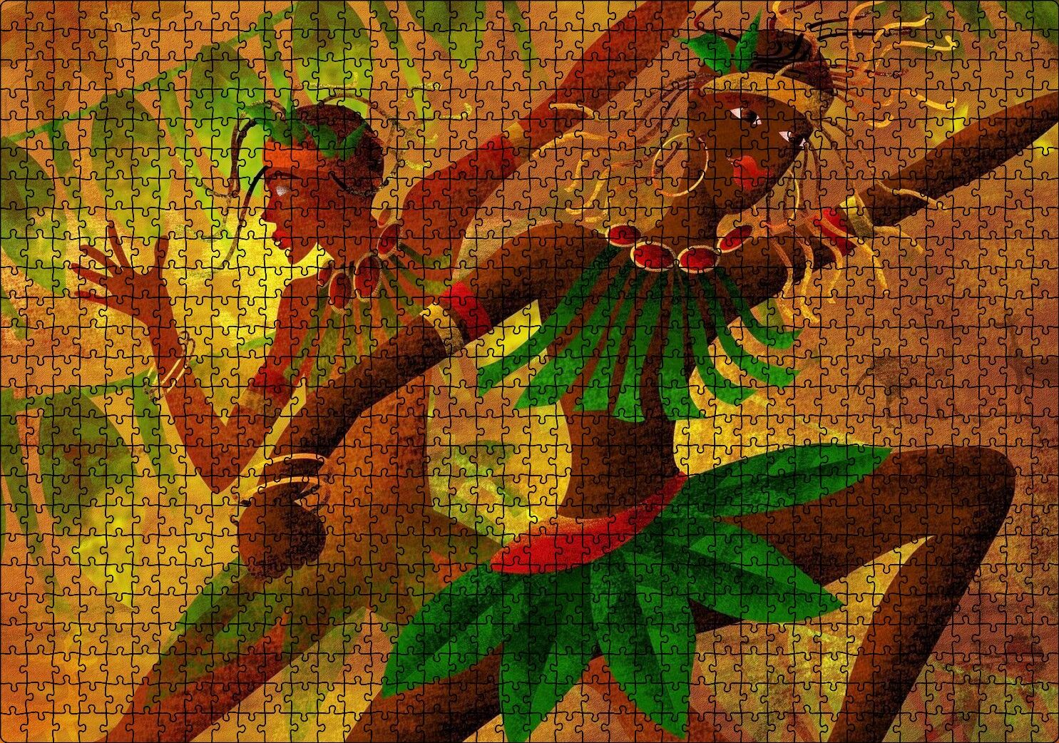 Yeşil Yaprak Elbiseli Dans Eden Afrikalı Kadınlar Puzzle Yapboz MDF Ahşap 1000 Parça 49 cm X 68 cm