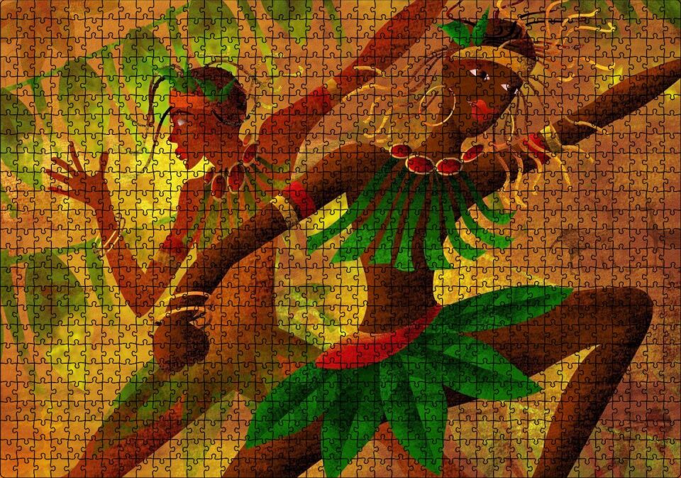 Yeşil Yaprak Elbiseli Dans Eden Afrikalı Kadınlar Puzzle Yapboz MDF Ahşap 1000 Parça 49 cm X 68 cm
