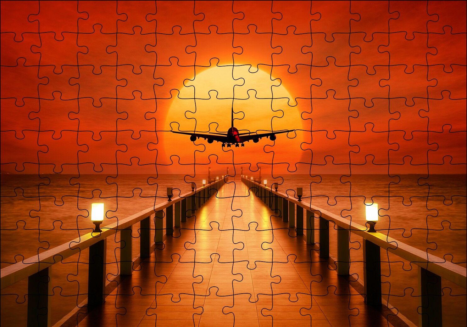 Okyanus İskele Günbatımı ve Uçak Puzzle Yapboz MDF Ahşap 120 Parça 24 cm X 34 cm