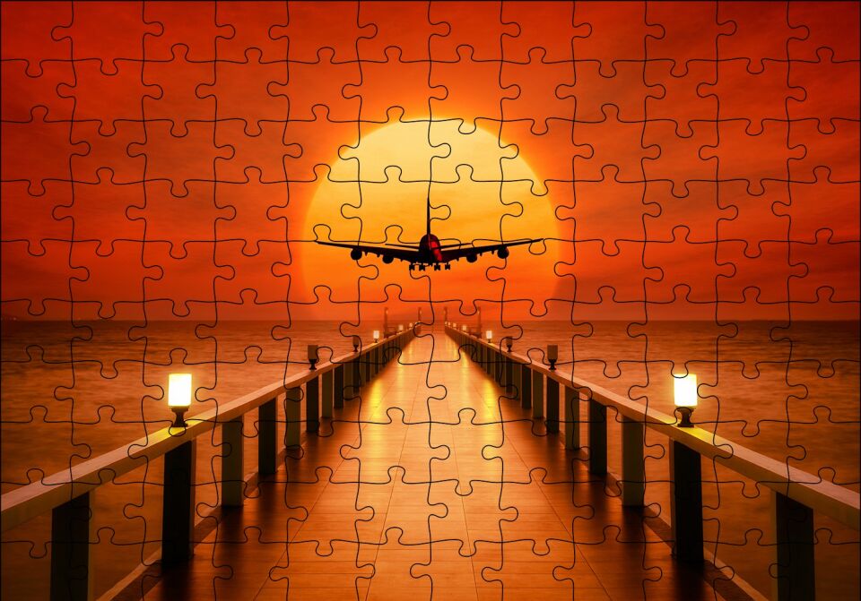 Okyanus İskele Günbatımı ve Uçak Puzzle Yapboz MDF Ahşap 120 Parça 24 cm X 34 cm