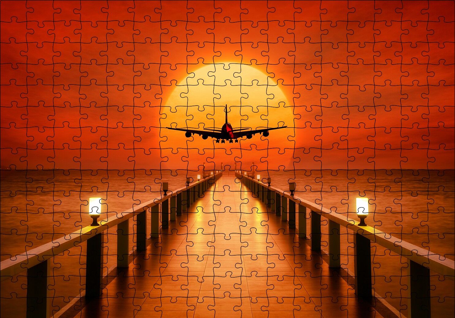 Okyanus İskele Günbatımı ve Uçak Puzzle Yapboz MDF Ahşap 255 Parça 34 cm X 49 cm