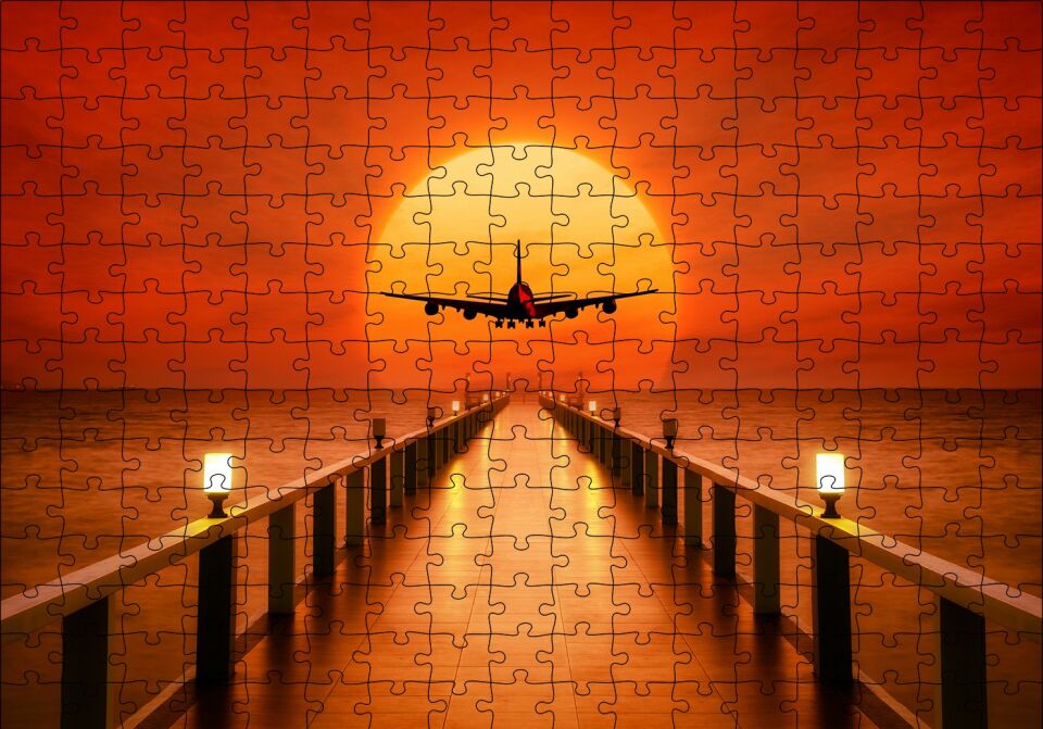 Okyanus İskele Günbatımı ve Uçak Puzzle Yapboz MDF Ahşap 255 Parça 34 cm X 49 cm