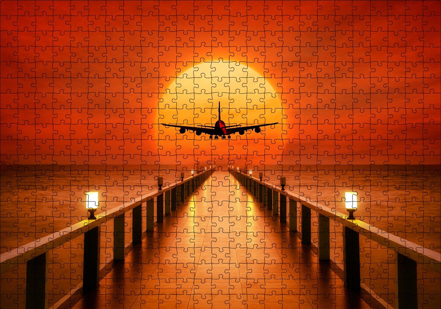 Okyanus İskele Günbatımı ve Uçak Puzzle Yapboz MDF Ahşap 500 Parça 49 cm X 68 cm