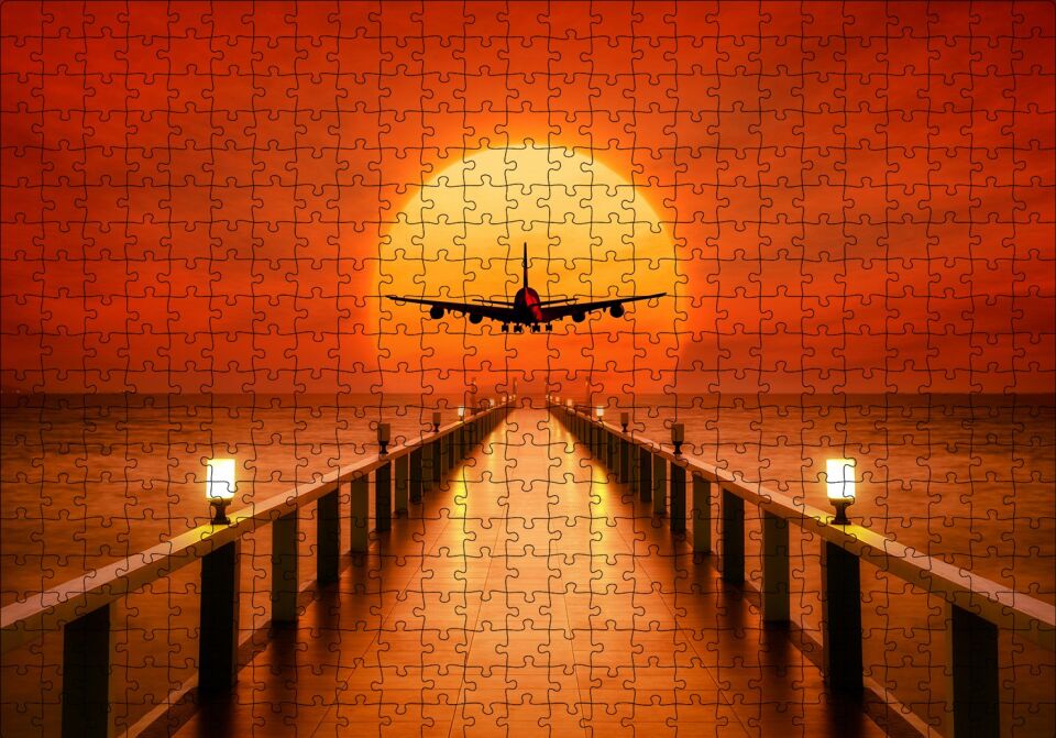 Okyanus İskele Günbatımı ve Uçak Puzzle Yapboz MDF Ahşap 500 Parça 49 cm X 68 cm