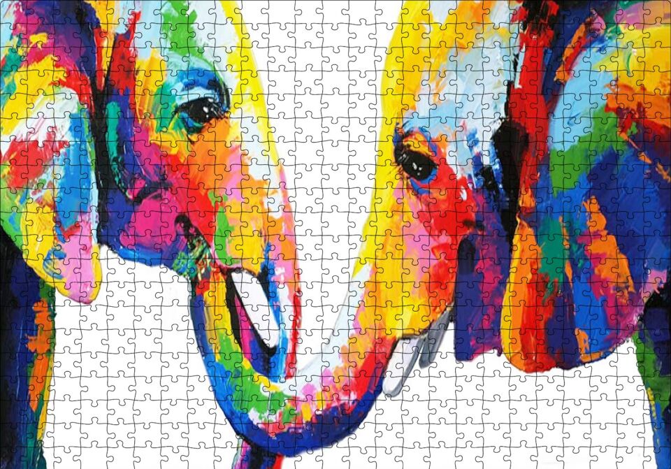 Gökkuşağı Filler Suluboya Mozaik Suluboya Puzzle Yapboz MDF Ahşap 500 Parça 49 cm X 68 cm