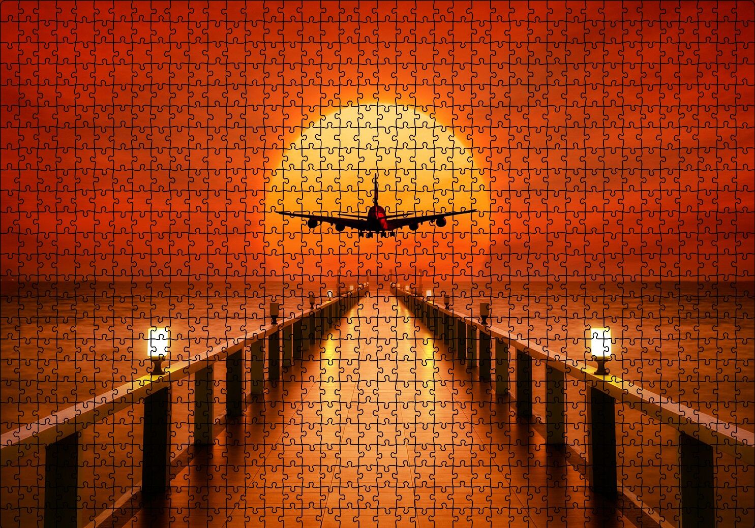 Okyanus İskele Günbatımı ve Uçak Puzzle Yapboz MDF Ahşap 1000 Parça 49 cm X 68 cm