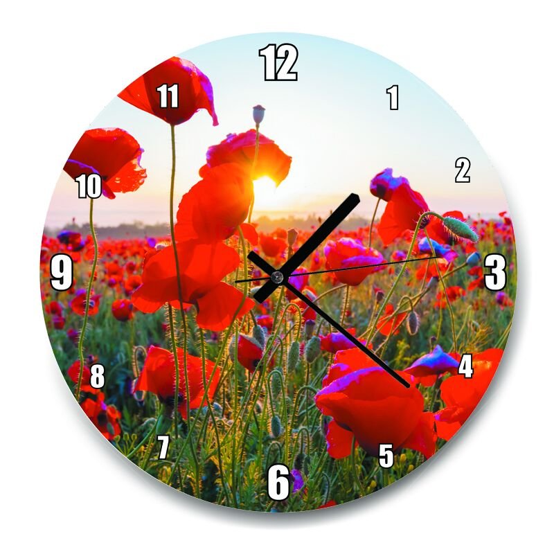 Gündoğumu Çayırda Kırmızı Gelincikler  Mdf Ahşap Duvar Saati