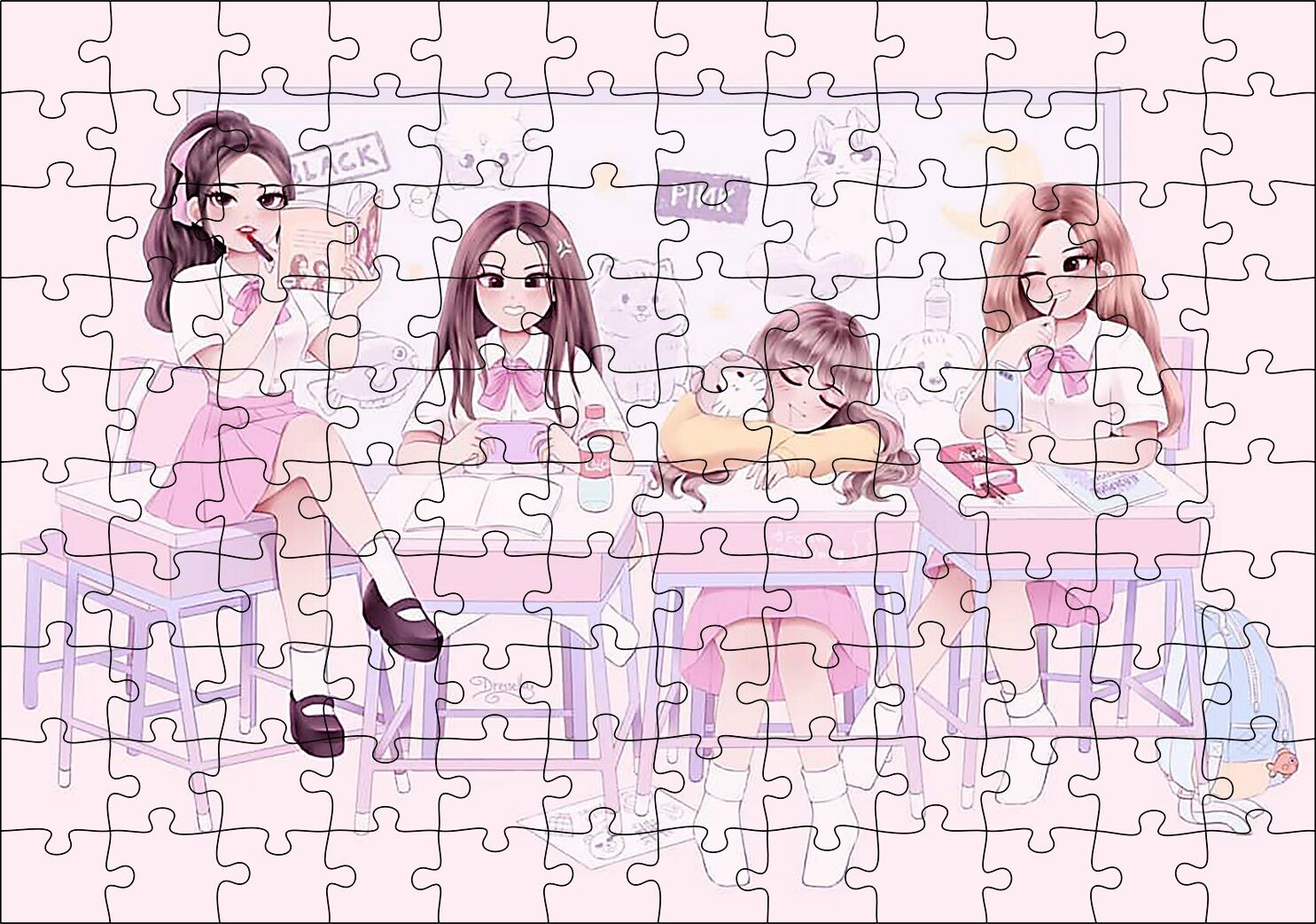 Black Pink Pop Grubu Üyeleri Çocuksu Çizim Puzzle Yapboz MDF Ahşap 120 Parça 24 cm X 34 cm