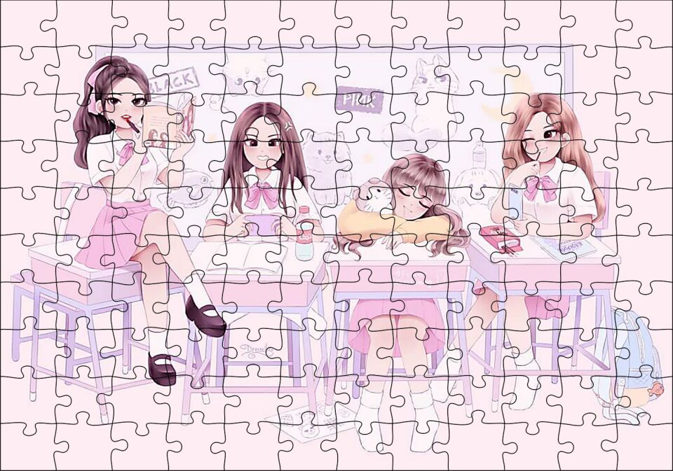 Black Pink Pop Grubu Üyeleri Çocuksu Çizim Puzzle Yapboz MDF Ahşap 120 Parça 24 cm X 34 cm