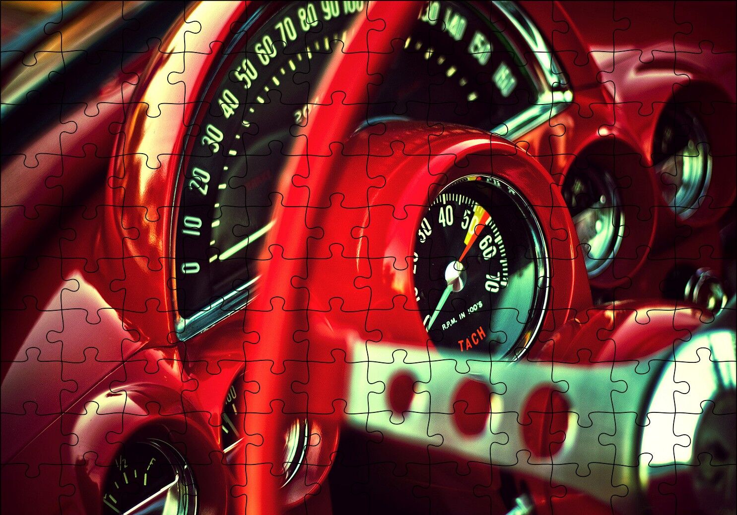 Kırmızı Amerikan Arabası Kadranlar ve Direksiyon Puzzle Yapboz MDF Ahşap