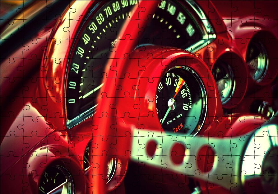 Kırmızı Amerikan Arabası Kadranlar ve Direksiyon Puzzle Yapboz MDF Ahşap