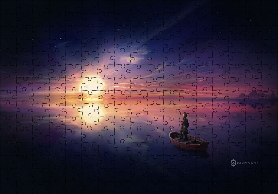 Okyanusta Günbatımı Sandal ve Çocuk Puzzle Yapboz MDF Ahşap 255 Parça 34 cm X 49 cm