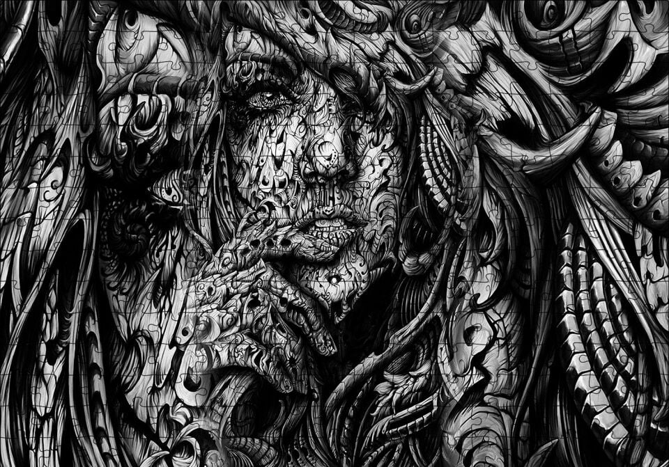 Düşünen Kadın Portresi Metal Gravür Puzzle Yapboz MDF Ahşap 255 Parça 34 cm X 49 cm