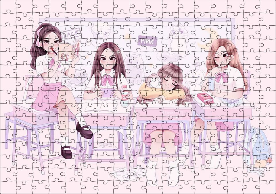 Black Pink Pop Grubu Üyeleri Çocuksu Çizim Puzzle Yapboz MDF Ahşap 255 Parça 34 cm X 49 cm