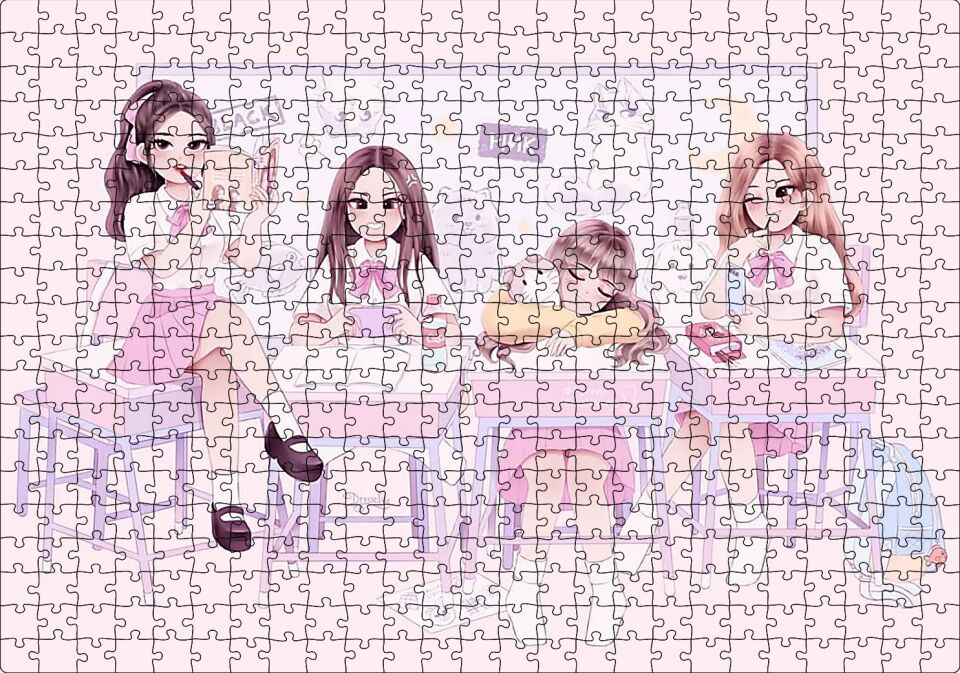 Black Pink Pop Grubu Üyeleri Çocuksu Çizim Puzzle Yapboz MDF Ahşap 500 Parça 49 cm X 68 cm