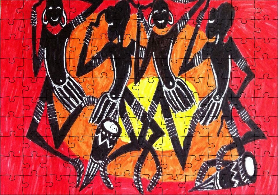 Yöresel Afrikalı Dansçılar Sarı Kırmızı Arka Plan Puzzle Yapboz MDF Ahşap 120 Parça 24 cm X 34 cm