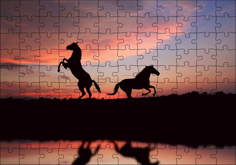 Günbatımında Kızıl Gökler ve Bir Çift At Puzzle Yapboz MDF Ahşap