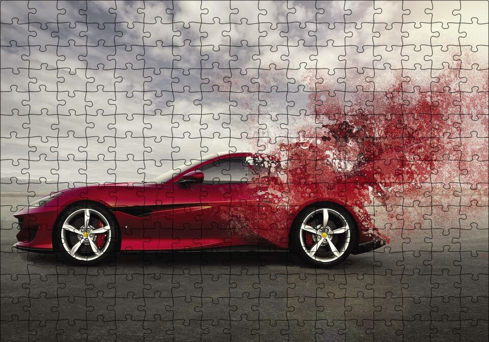 Kırmızı Ferrari Otomobil Puzzle Yapboz MDF Ahşap 255 Parça 34 cm X 49 cm