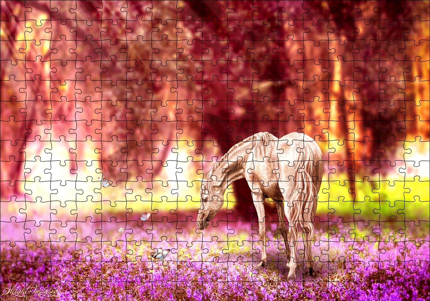Orman Çiçekleri Kelebekler ve Beyaz At Puzzle Yapboz MDF Ahşap 255 Parça 34 cm X 49 cm