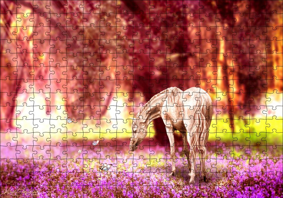Orman Çiçekleri Kelebekler ve Beyaz At Puzzle Yapboz MDF Ahşap 255 Parça 34 cm X 49 cm